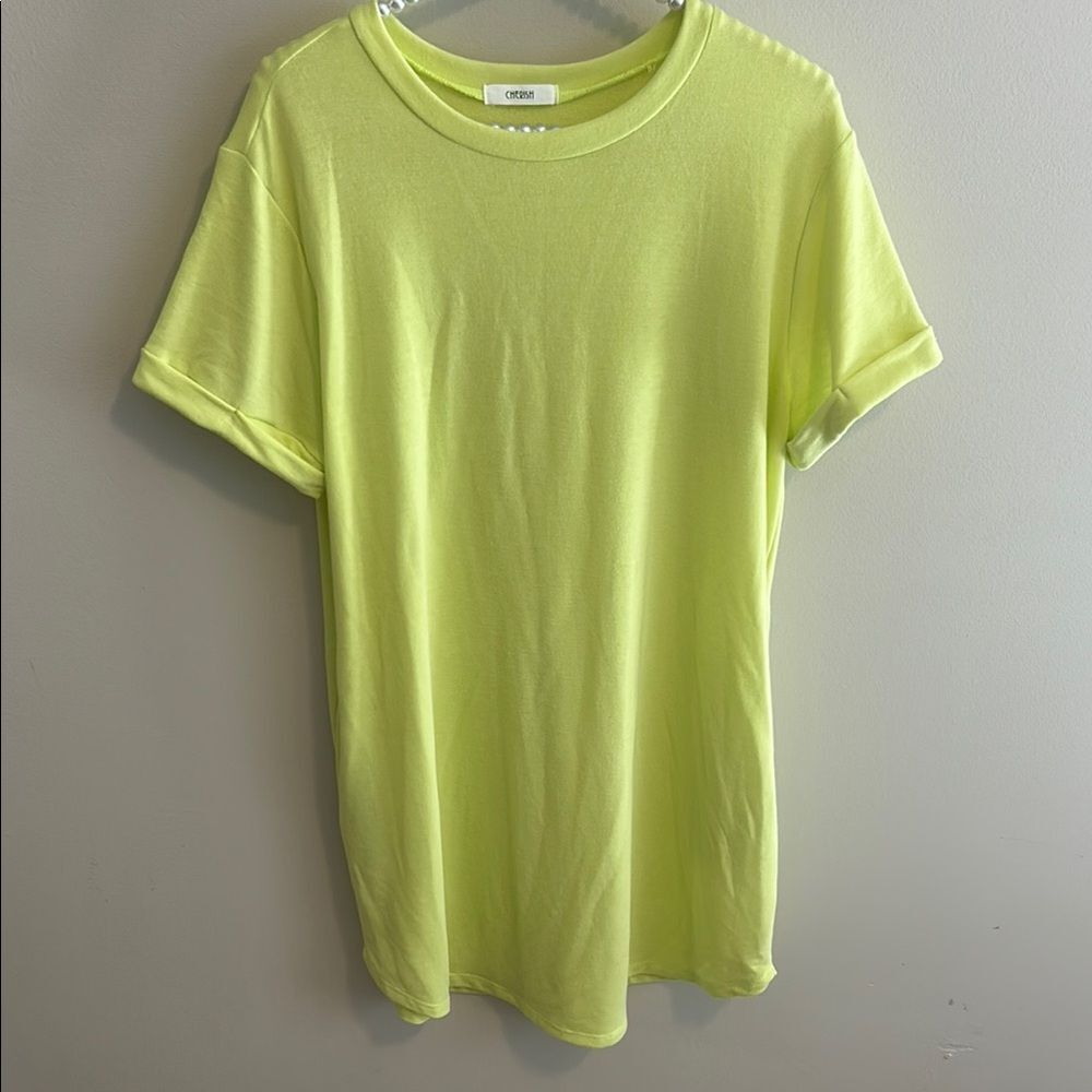 Cherish Dress Womens Large L Neon Yellow Green Cuffed Short Sleeve Pocket Shirt